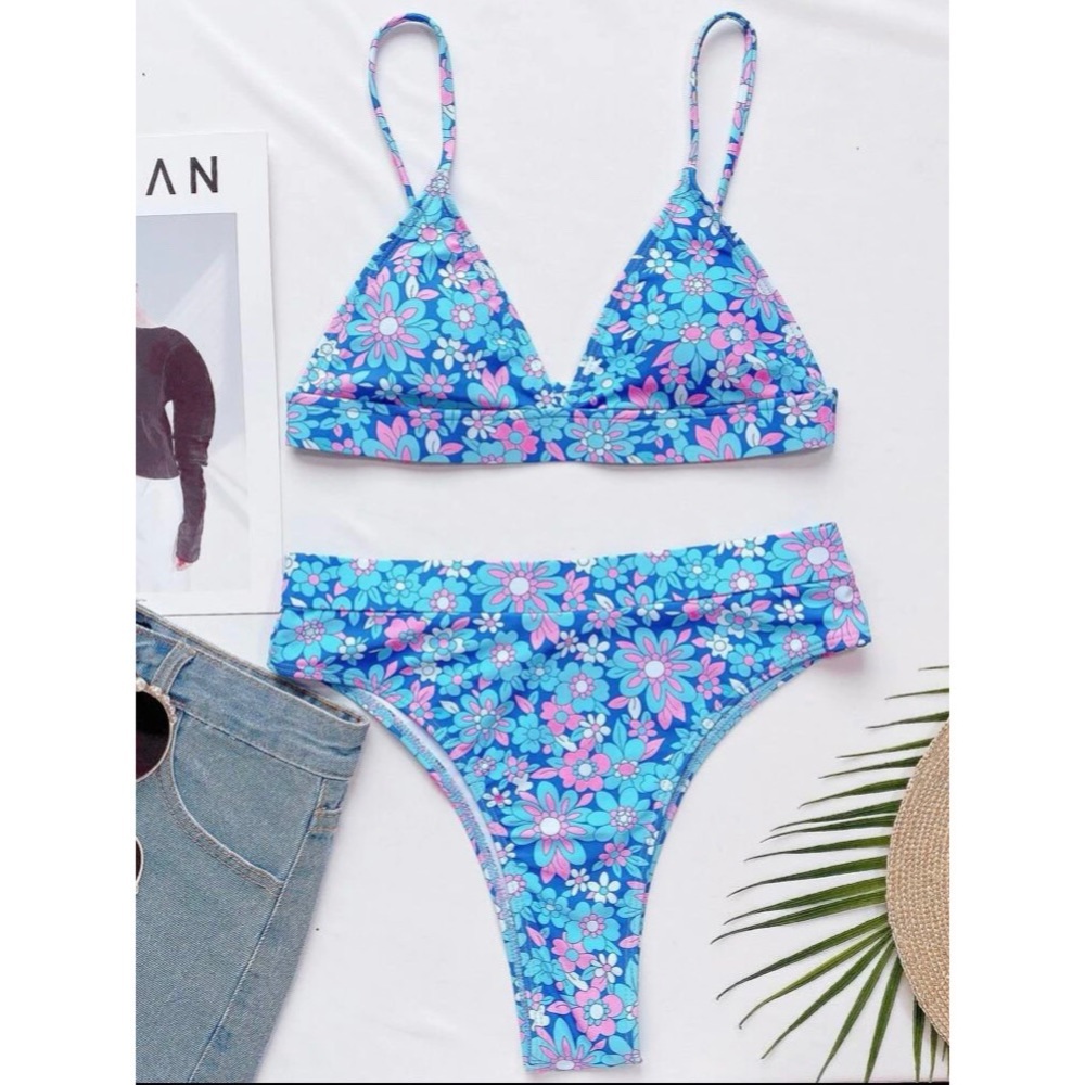 New Groovy Retro 70s Blue Floral Bikini Swimsuit